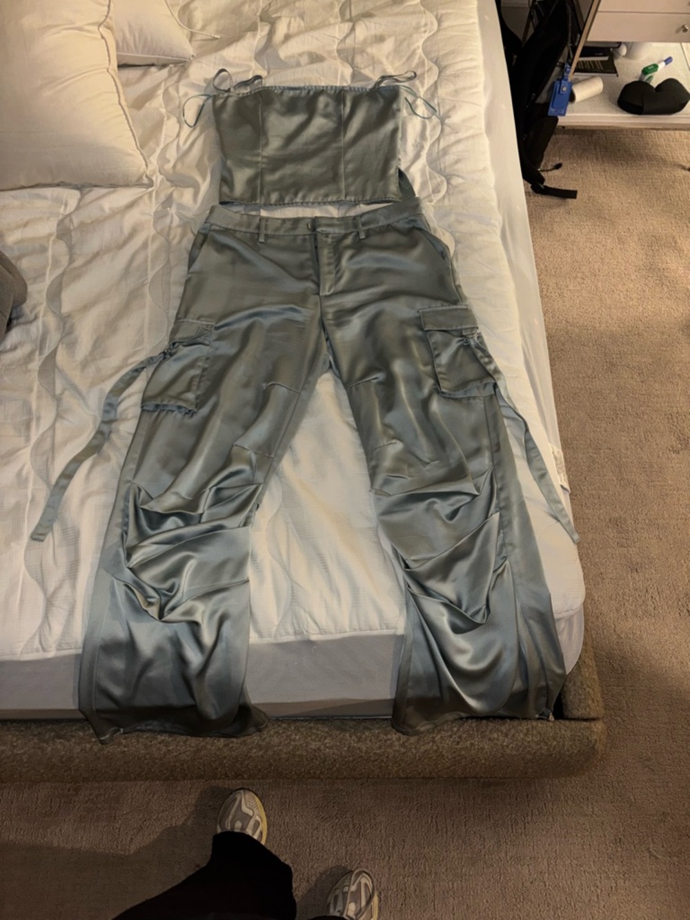 Lioness Sage Green Satin Wide-Leg Cargo Pants